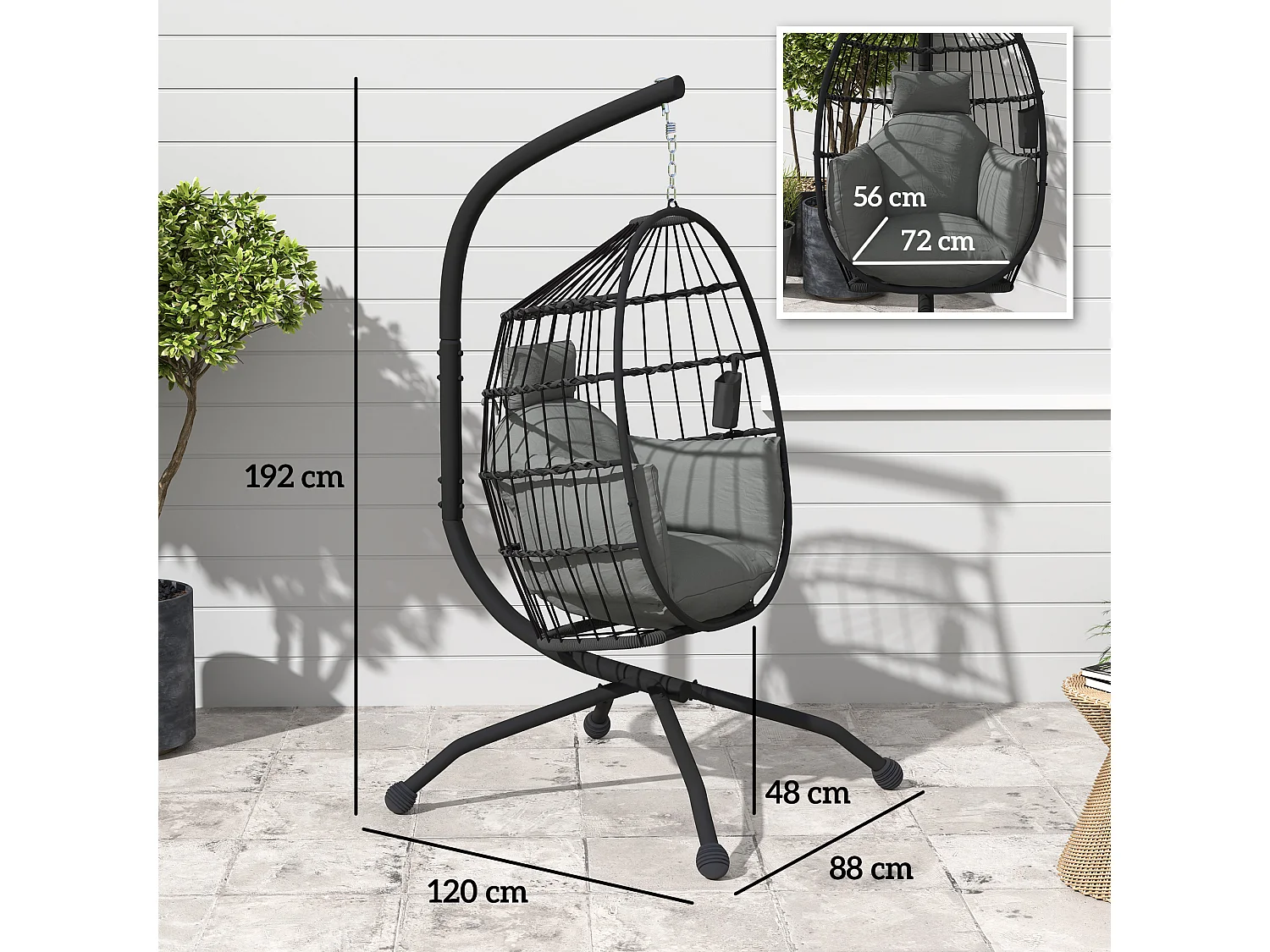 Poltrona sospesa a uovo con gancio regolabile e 2 cuscini nero grigio