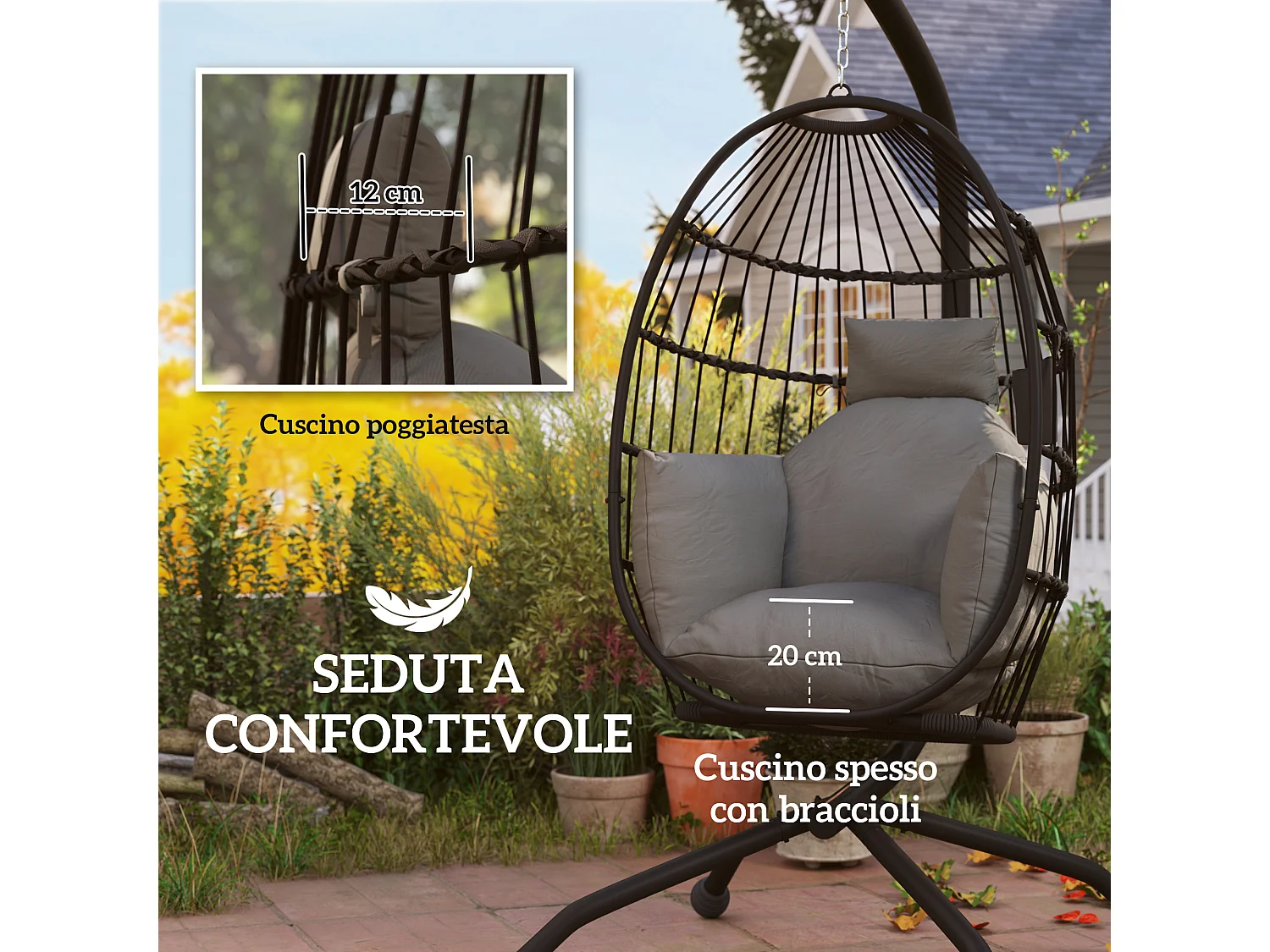 Poltrona sospesa a uovo con gancio regolabile e 2 cuscini nero grigio