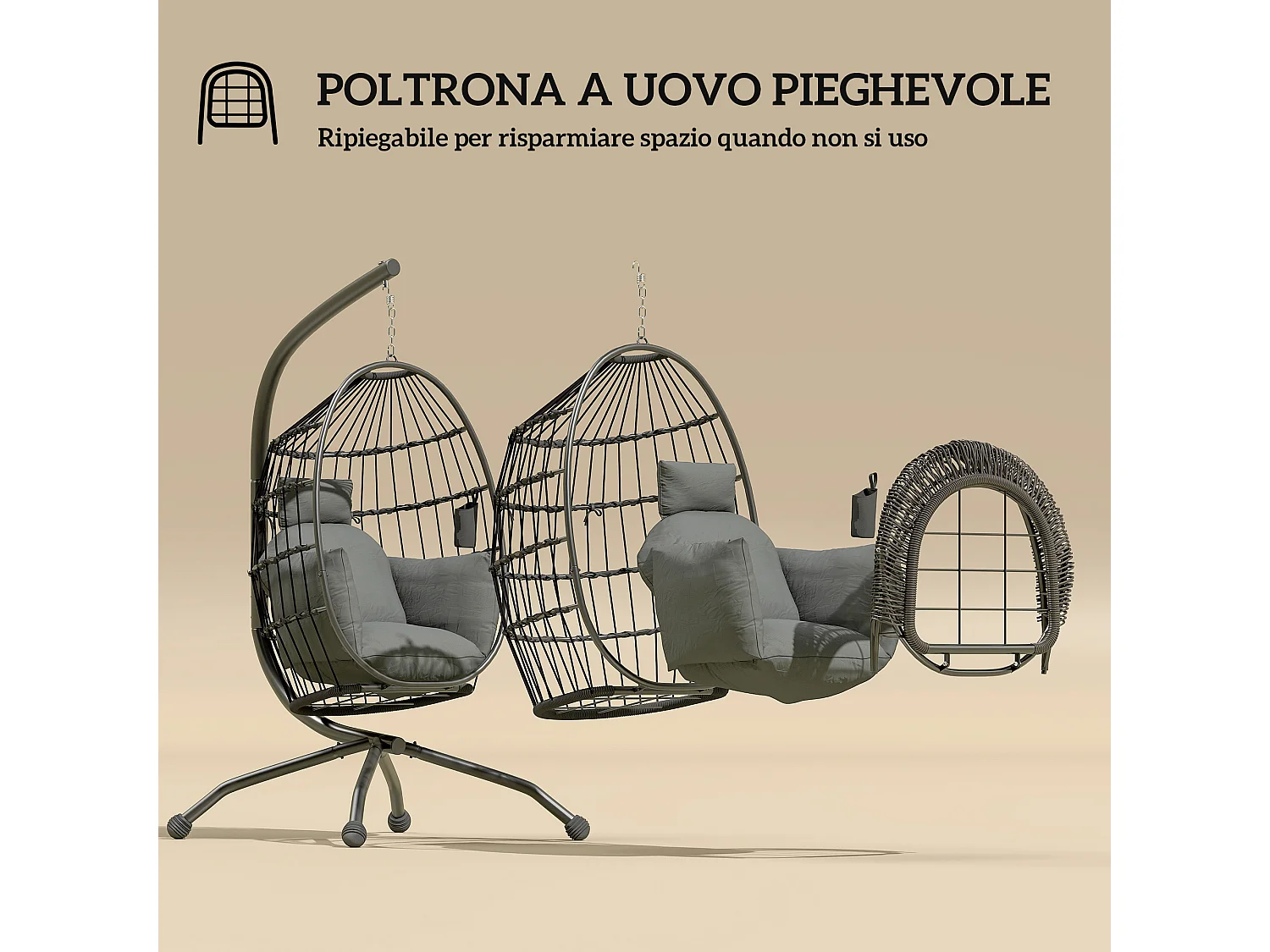 Poltrona sospesa a uovo con gancio regolabile e 2 cuscini nero grigio