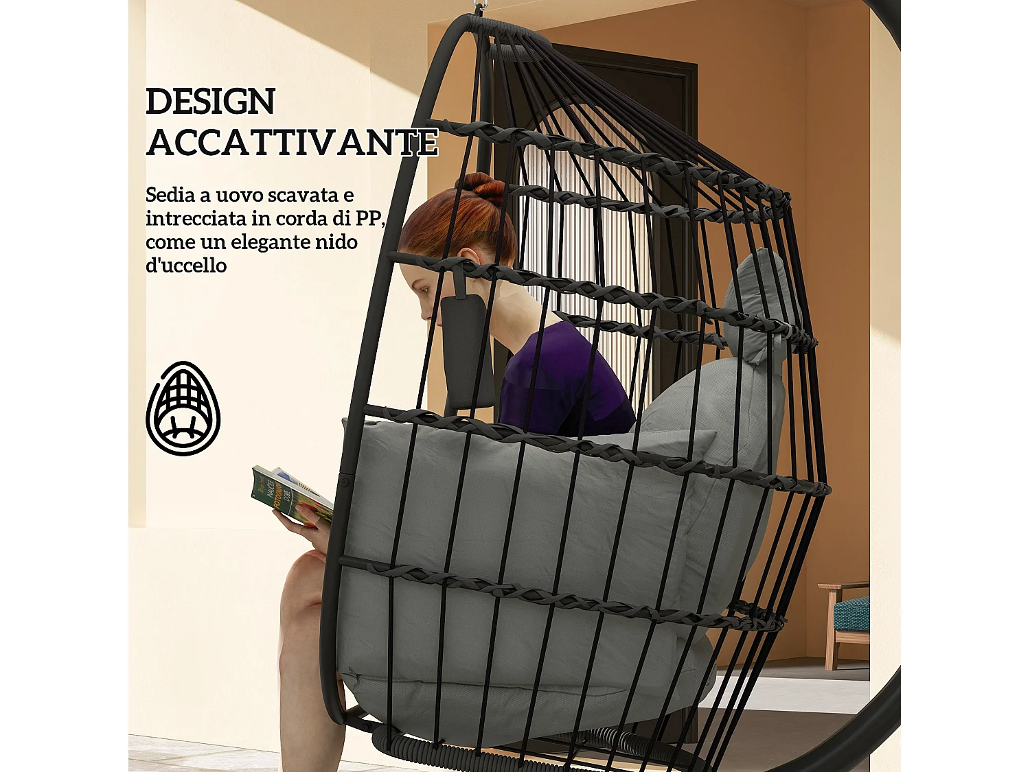 Poltrona sospesa a uovo con gancio regolabile e 2 cuscini nero grigio