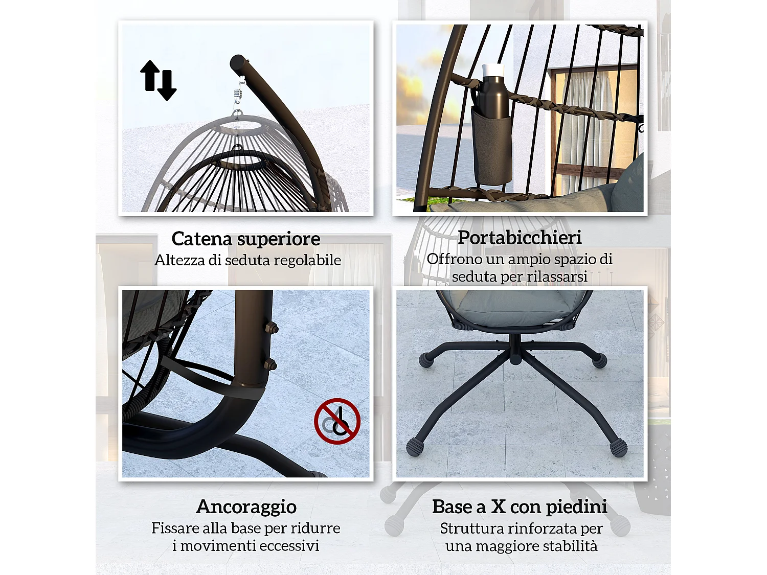 Poltrona sospesa a uovo con gancio regolabile e 2 cuscini nero grigio