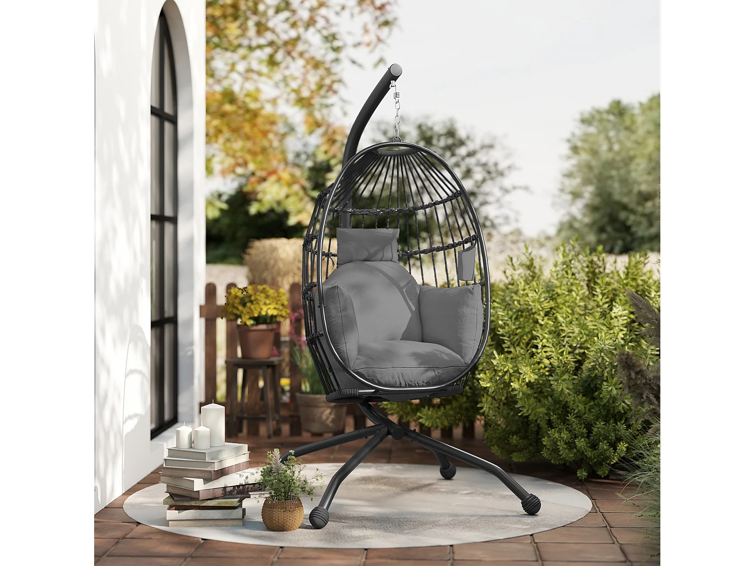 Poltrona sospesa a uovo con gancio regolabile e 2 cuscini nero grigio