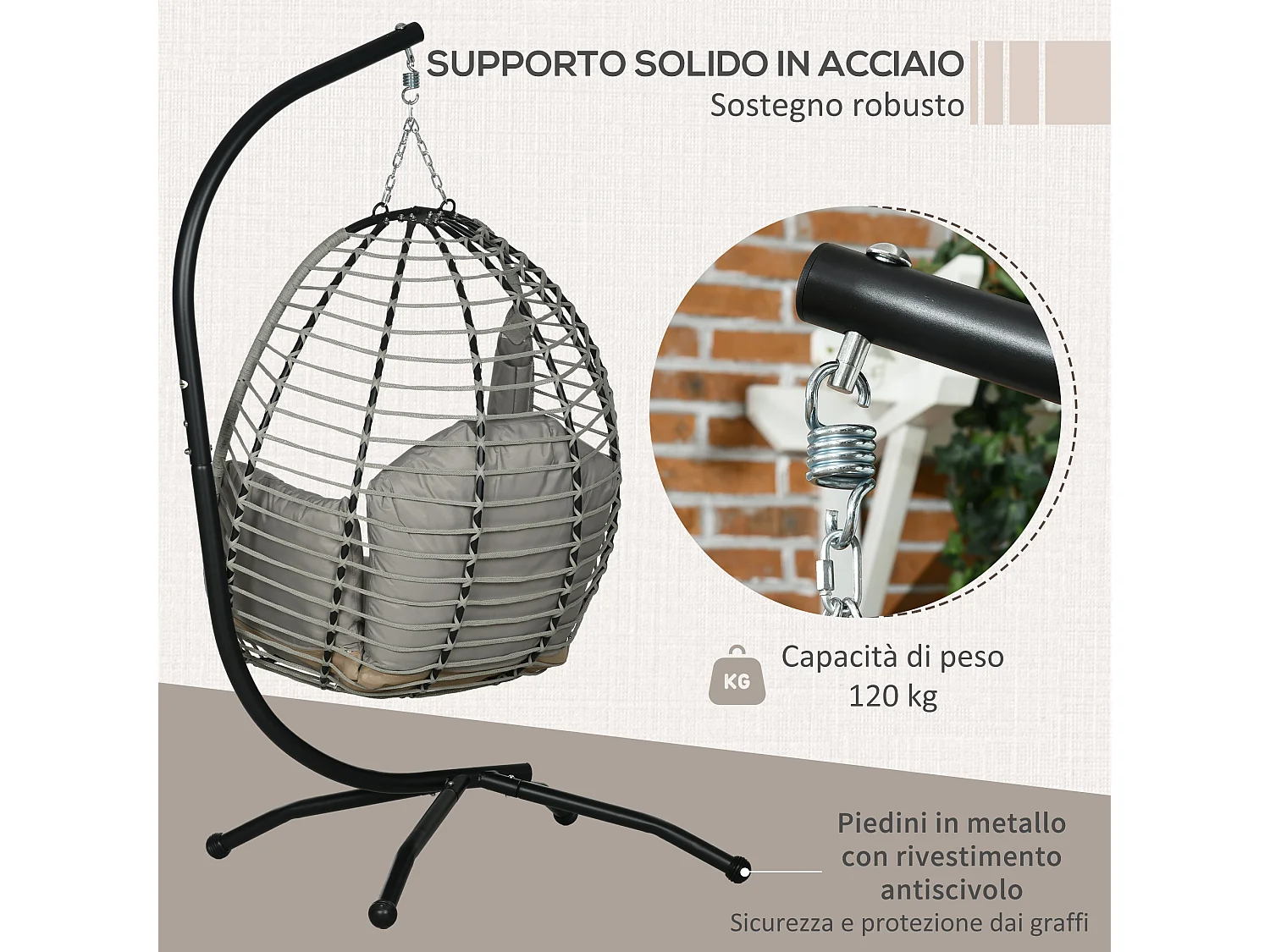 Poltrona sospesa pieghevole con cuscino imbottito grigio