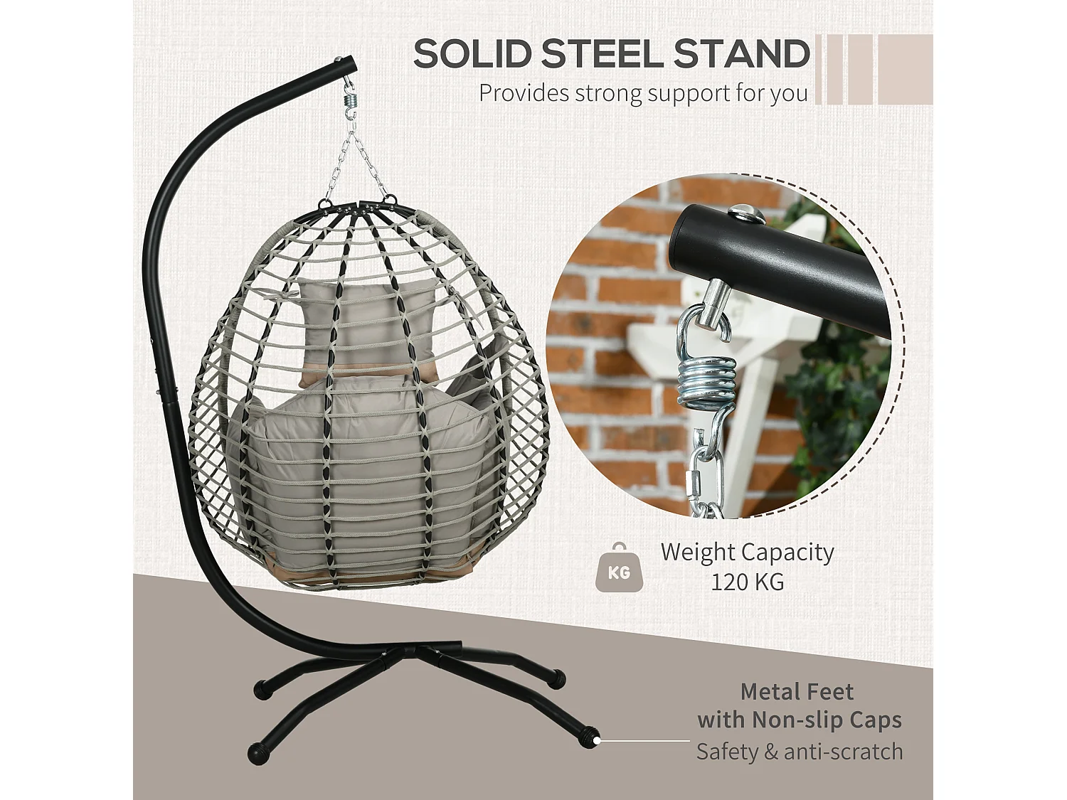 Poltrona sospesa pieghevole con cuscino imbottito grigio