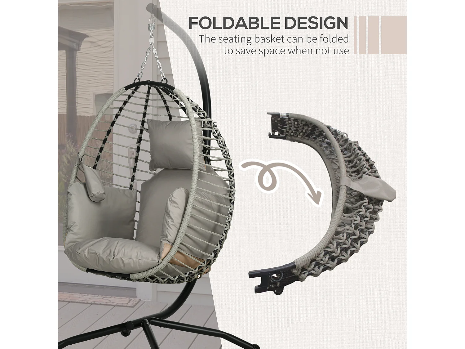 Poltrona sospesa pieghevole con cuscino imbottito grigio