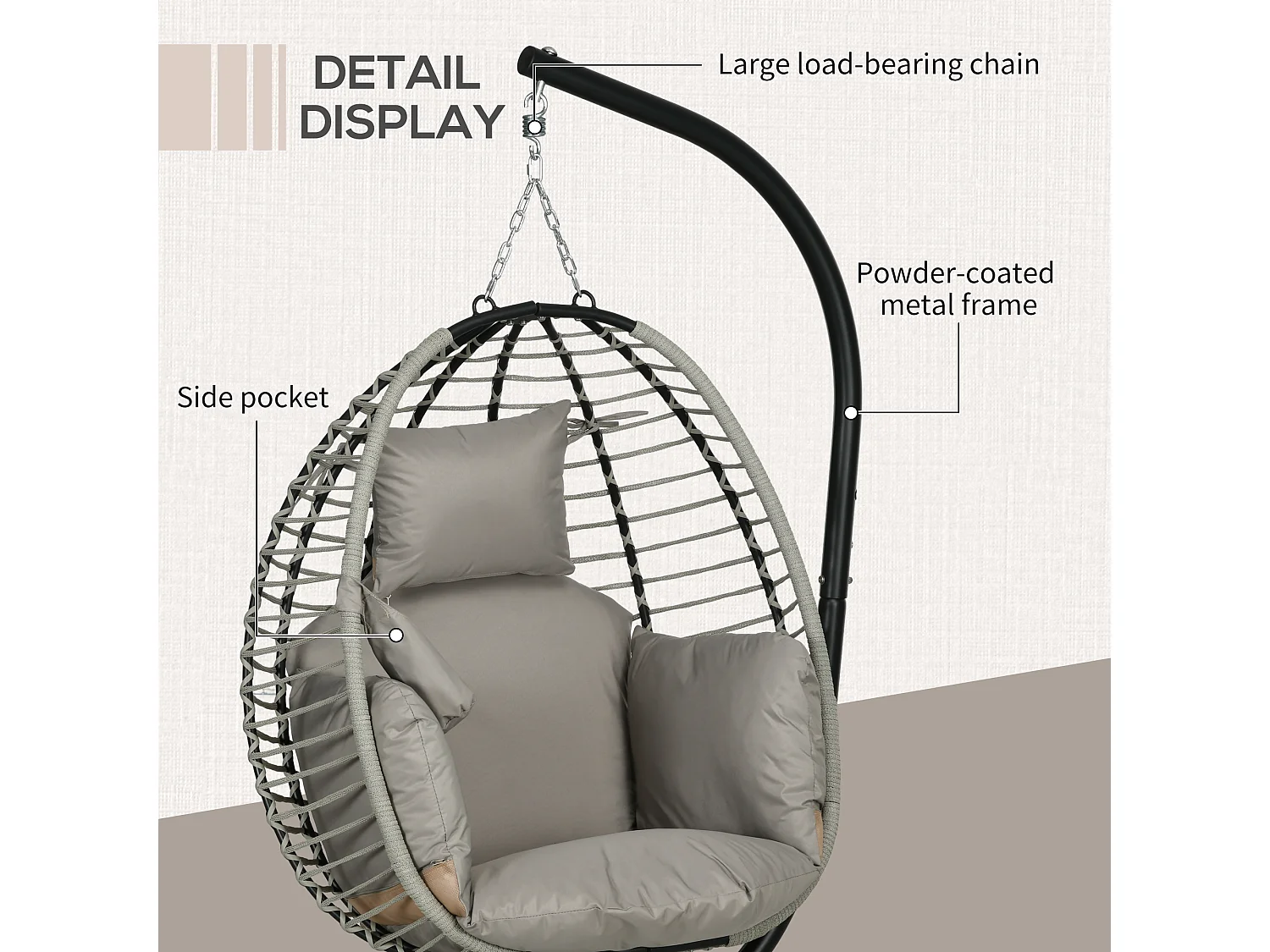 Poltrona sospesa pieghevole con cuscino imbottito grigio