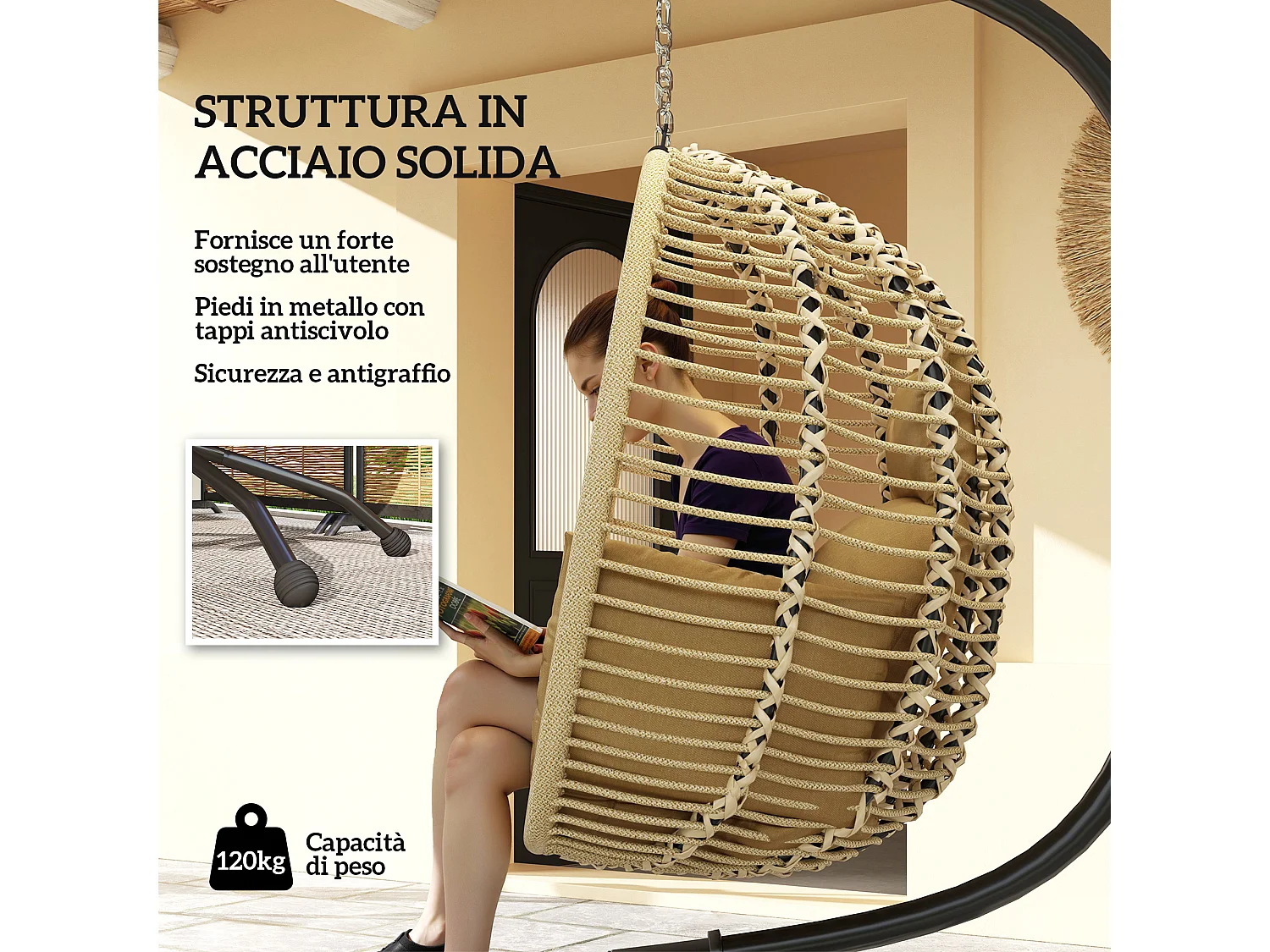 Poltrona sospesa pieghevole con cuscino imbottito beige