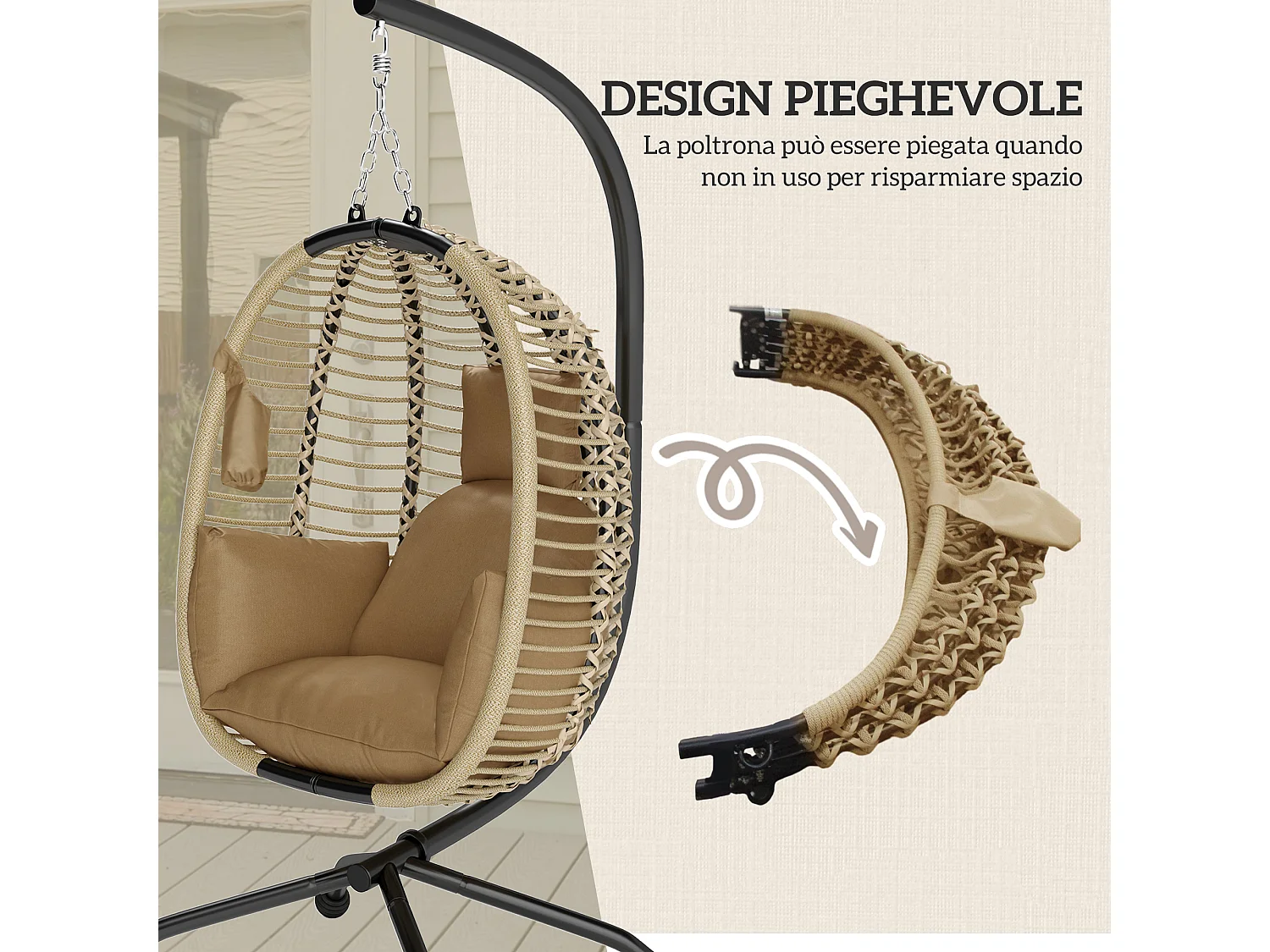 Poltrona sospesa pieghevole con cuscino imbottito beige