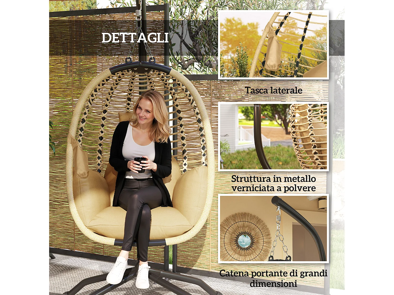 Poltrona sospesa pieghevole con cuscino imbottito beige