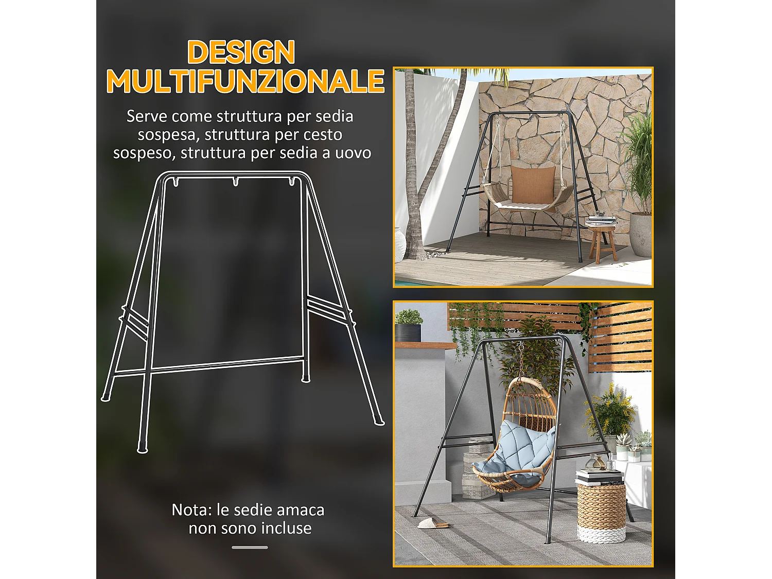 Supporto per amaca e poltrona a uovo in acciaio 178x143x180 cm nero