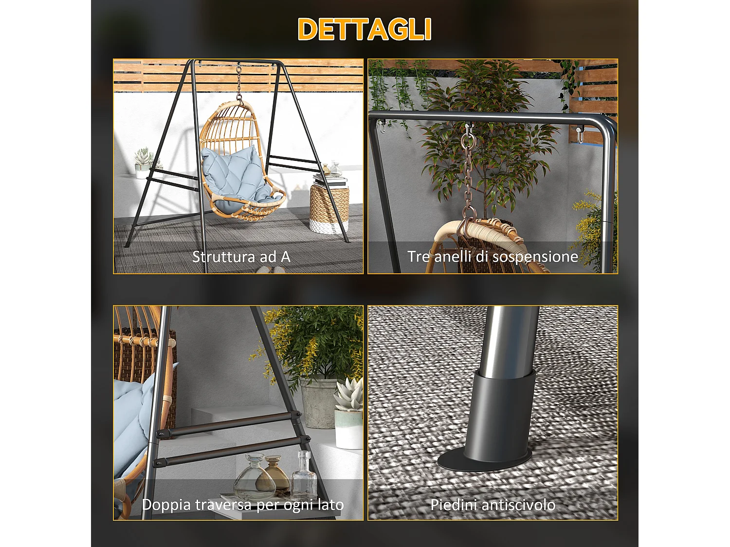 Supporto per amaca e poltrona a uovo in acciaio 178x143x180 cm nero