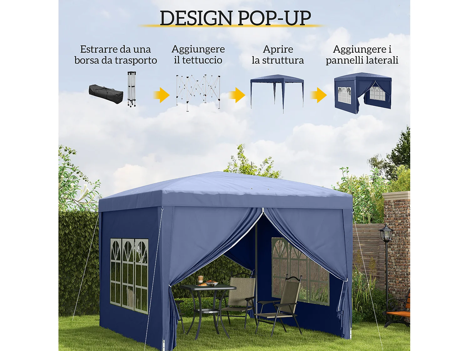 Gazebo da giardino pieghevole con pareti laterali blu