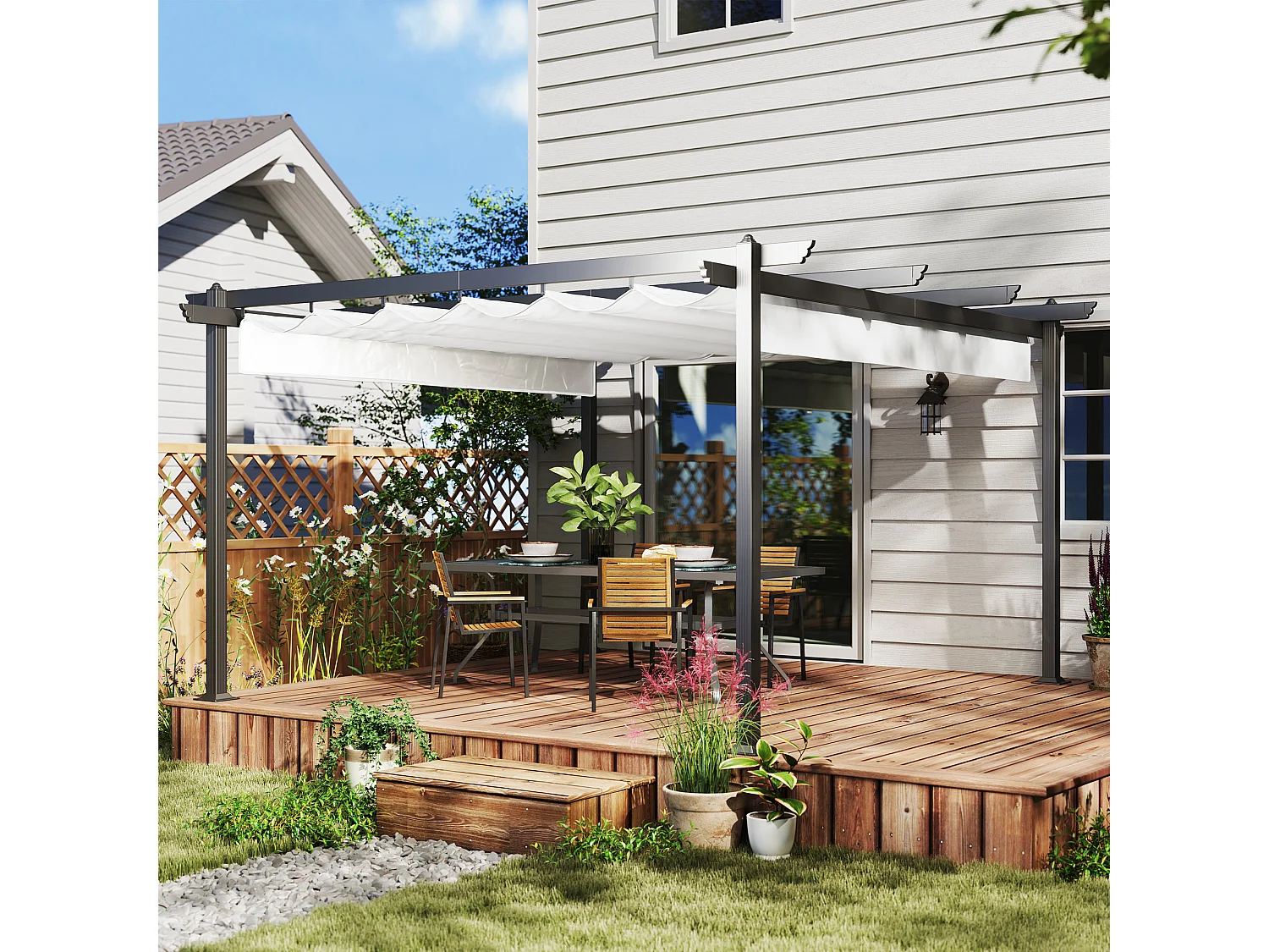 Gazebo pergola 4x4m con tetto retrattile bianco e colonne in alluminio