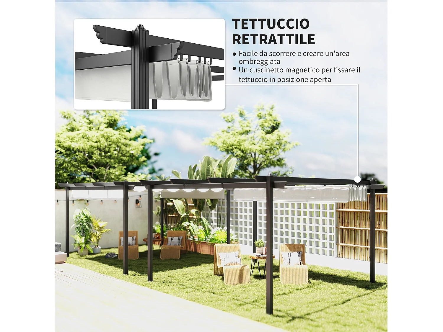 Gazebo pergola 4x4m con tetto retrattile bianco e colonne in alluminio