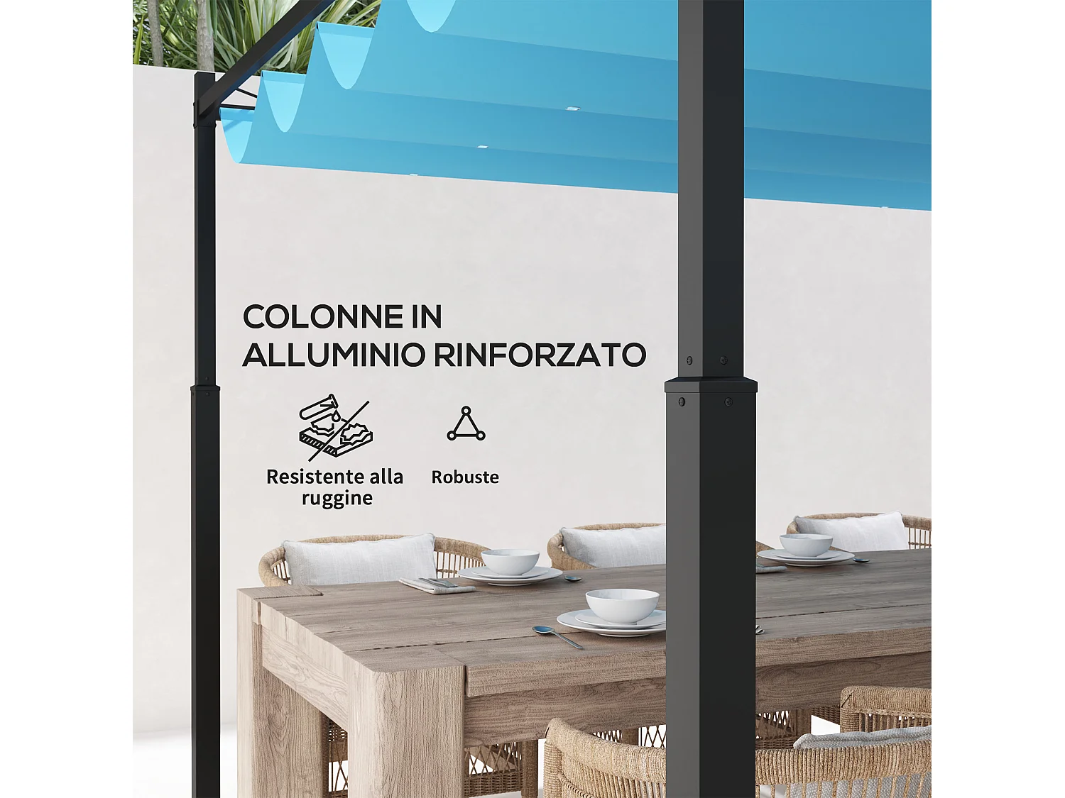 Gazebo pergola 4x4m con tetto retrattile bianco e colonne in alluminio