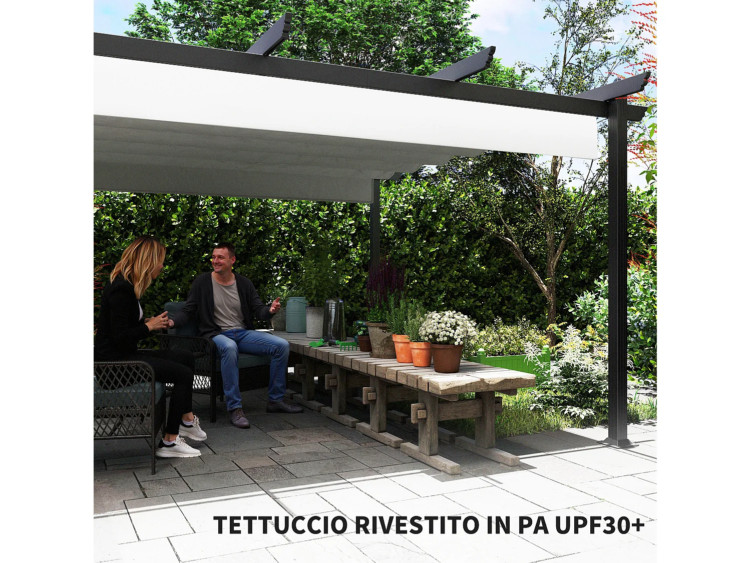 Gazebo pergola 4x4m con tetto retrattile bianco e colonne in alluminio
