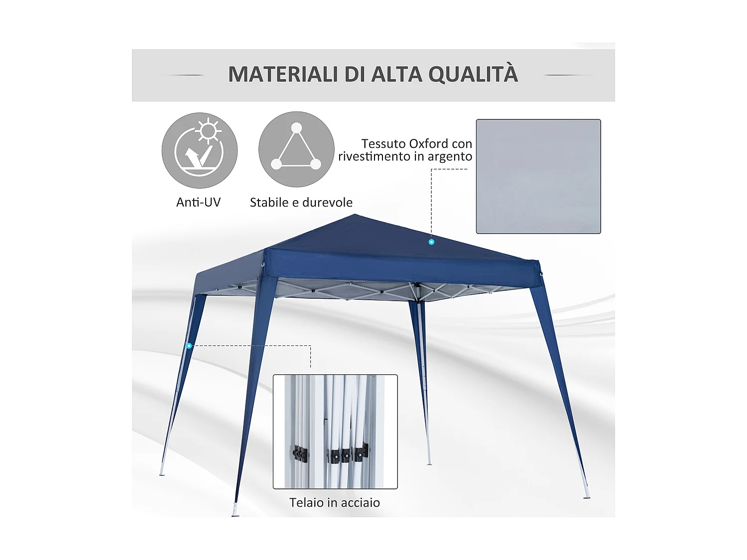 Gazebo pieghevole da giardino 2.4x2.4m in acciaio e poliestere blu