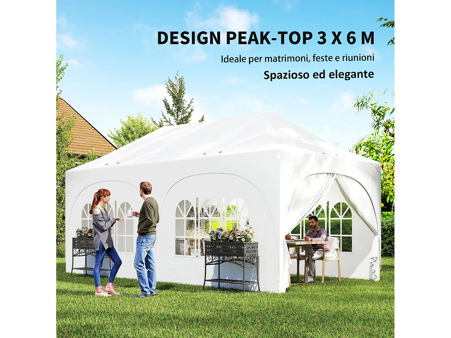 Gazebo da giardino pieghevole 3x6m con pareti e borsa bianco