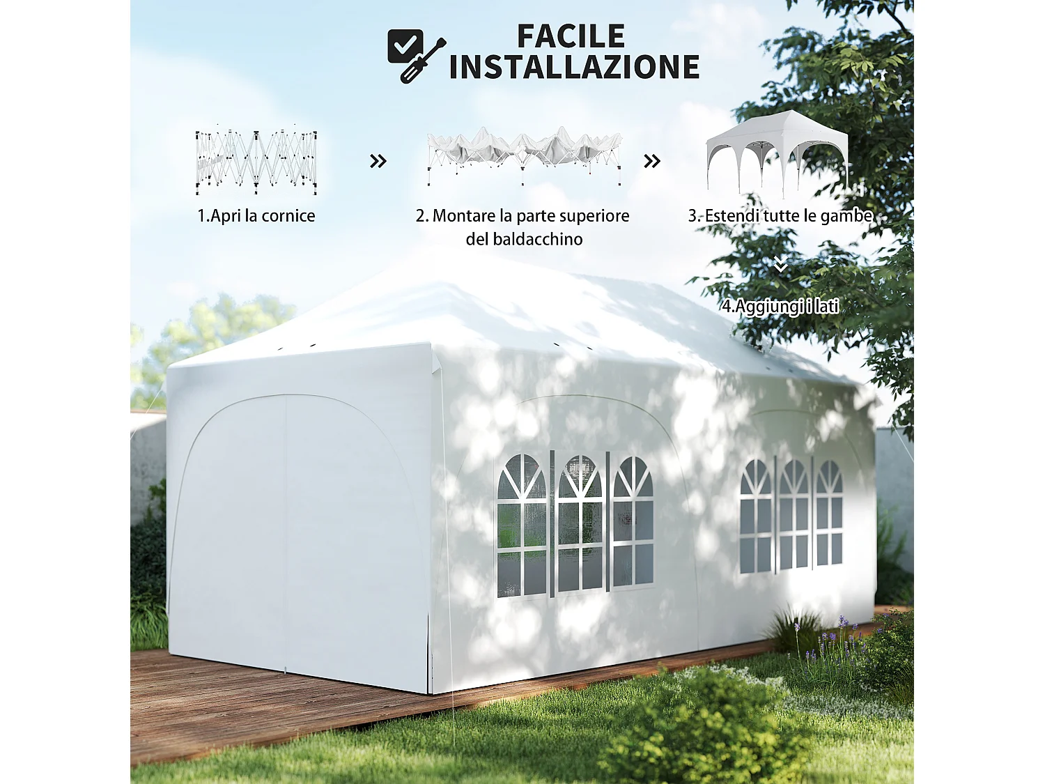 Gazebo da giardino pieghevole 3x6m con pareti e borsa bianco