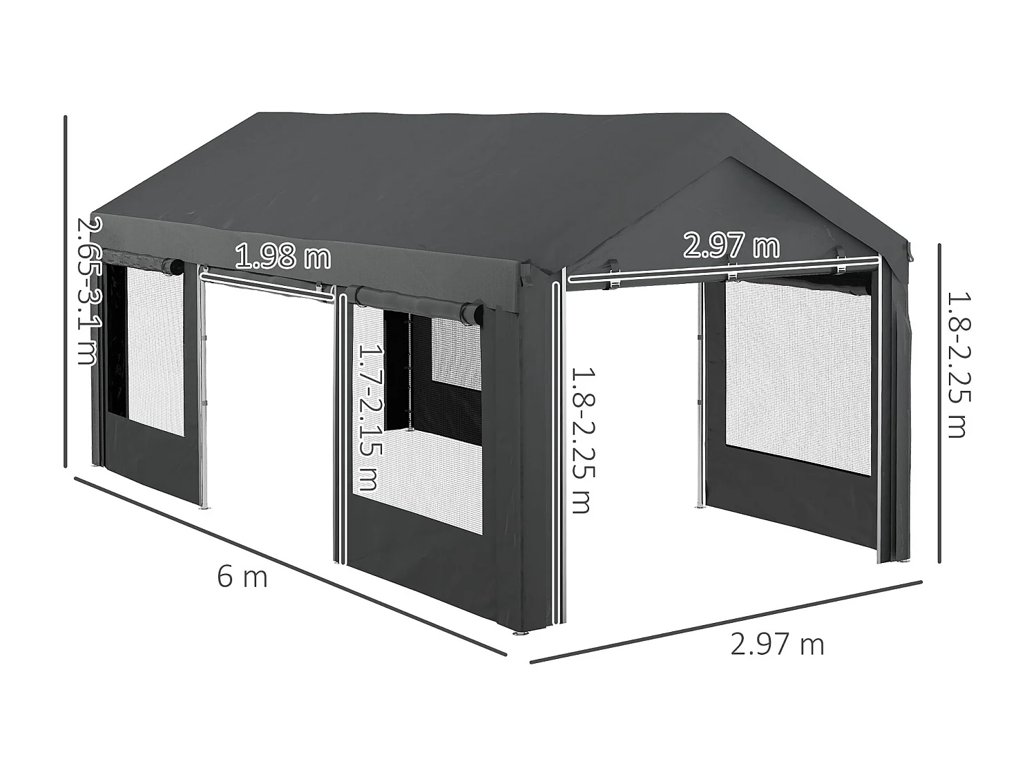 Gazebo per auto 6x3 m con altezza regolabile 4 porte e 4 finestre