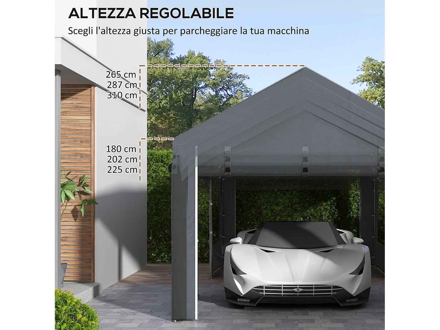 Gazebo per auto 6x3 m con altezza regolabile 4 porte e 4 finestre