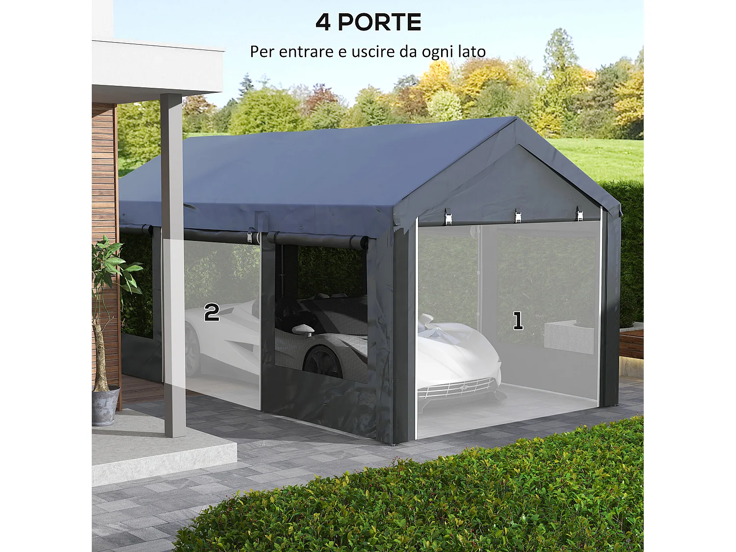 Gazebo per auto 6x3 m con altezza regolabile 4 porte e 4 finestre