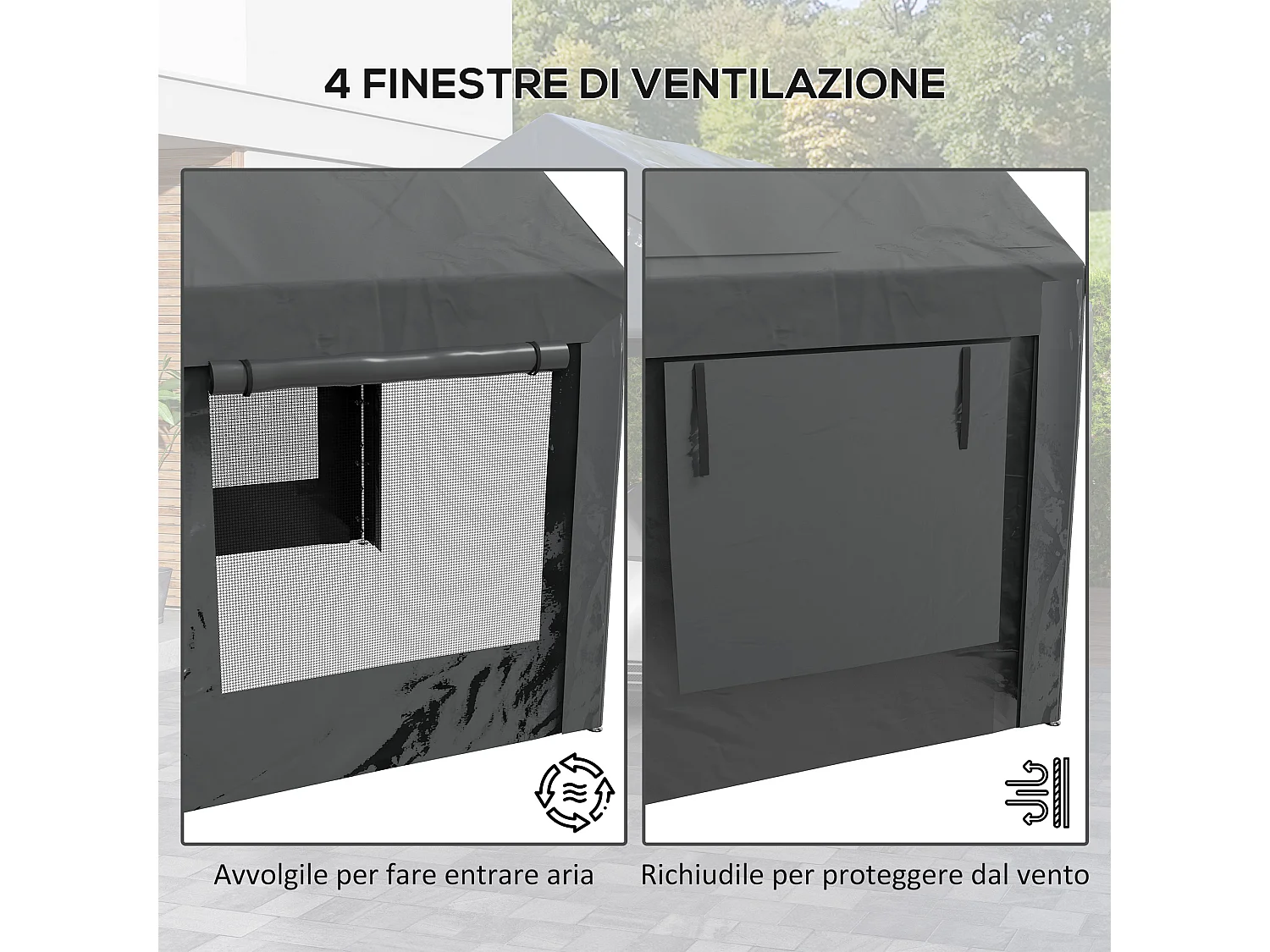 Gazebo per auto 6x3 m con altezza regolabile 4 porte e 4 finestre