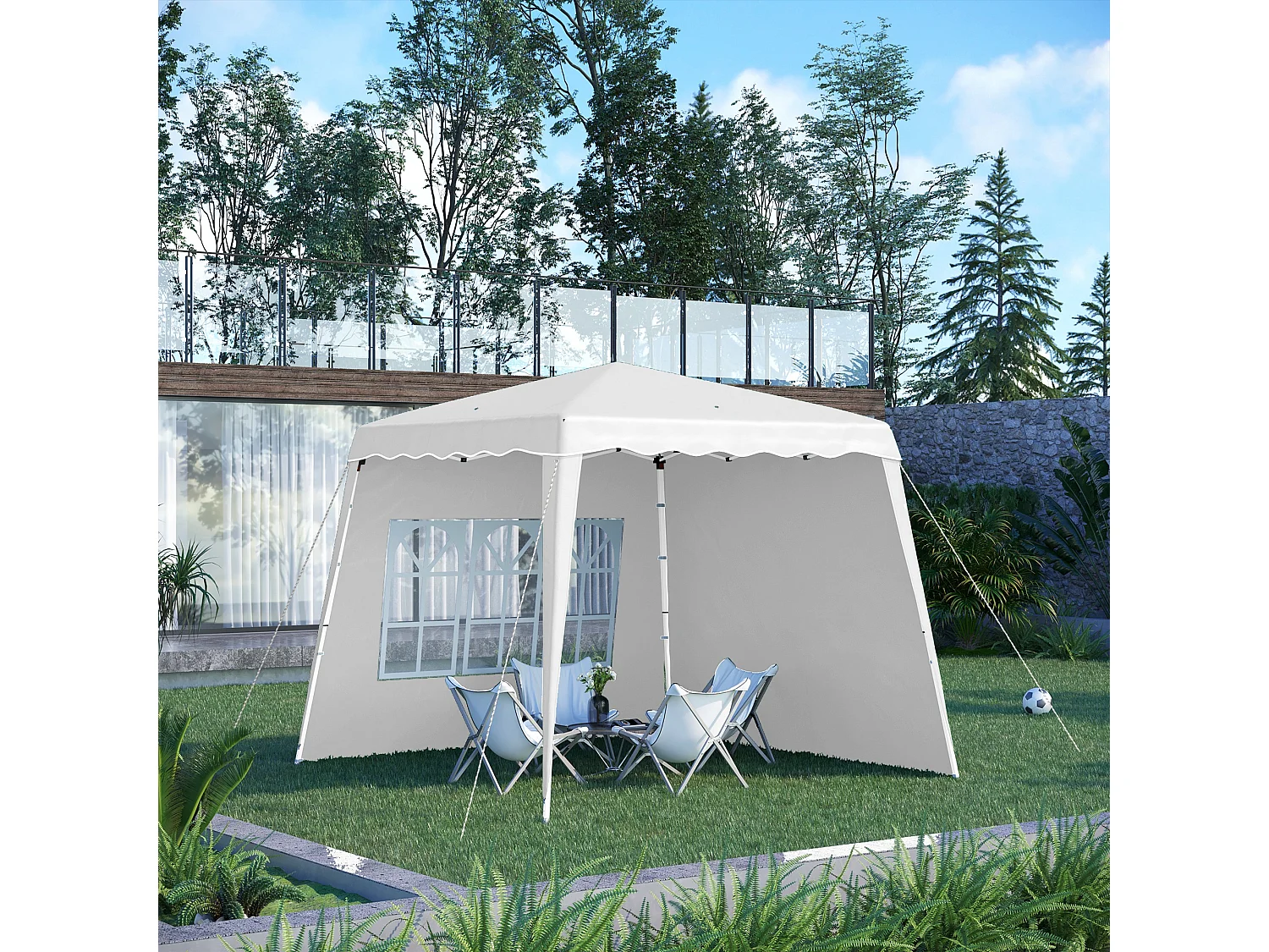 Gazebo da giardino pieghevole con 2 pareti bianco