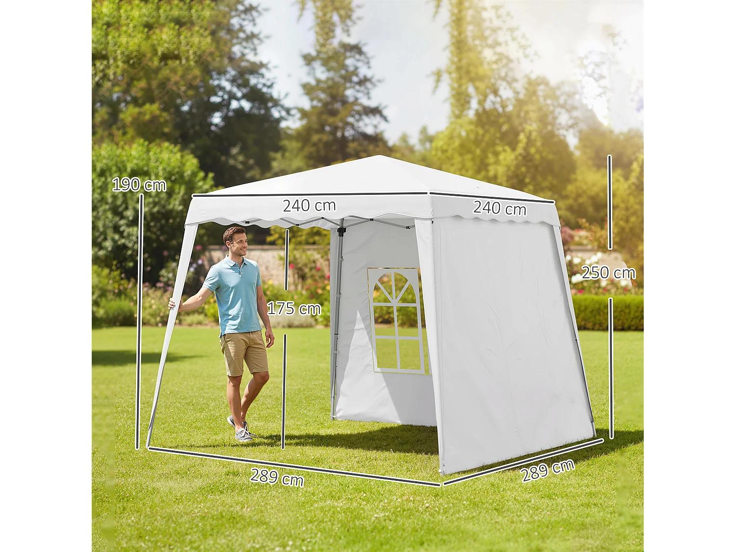 Gazebo da giardino pieghevole con 2 pareti bianco