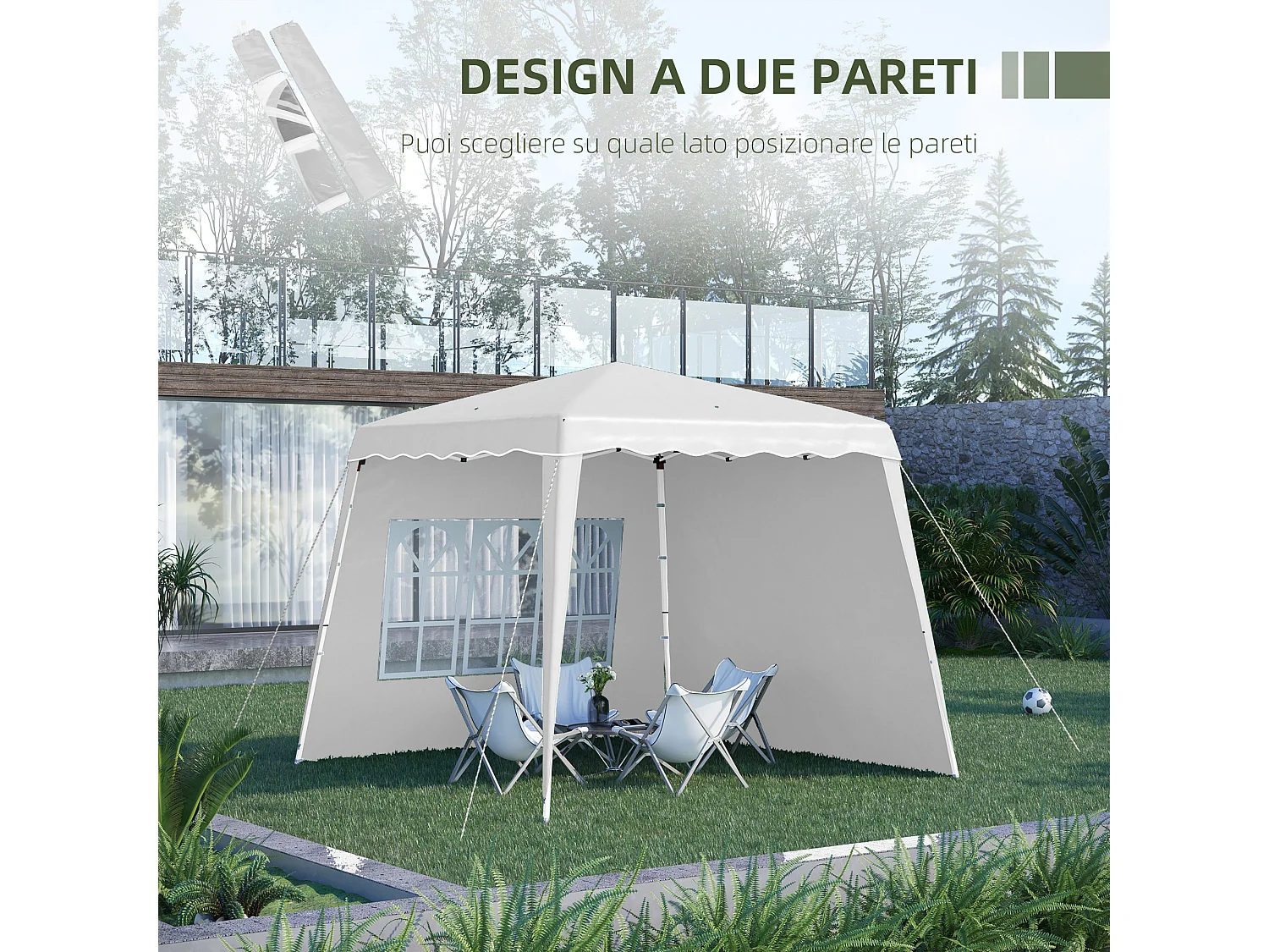 Gazebo da giardino pieghevole con 2 pareti bianco