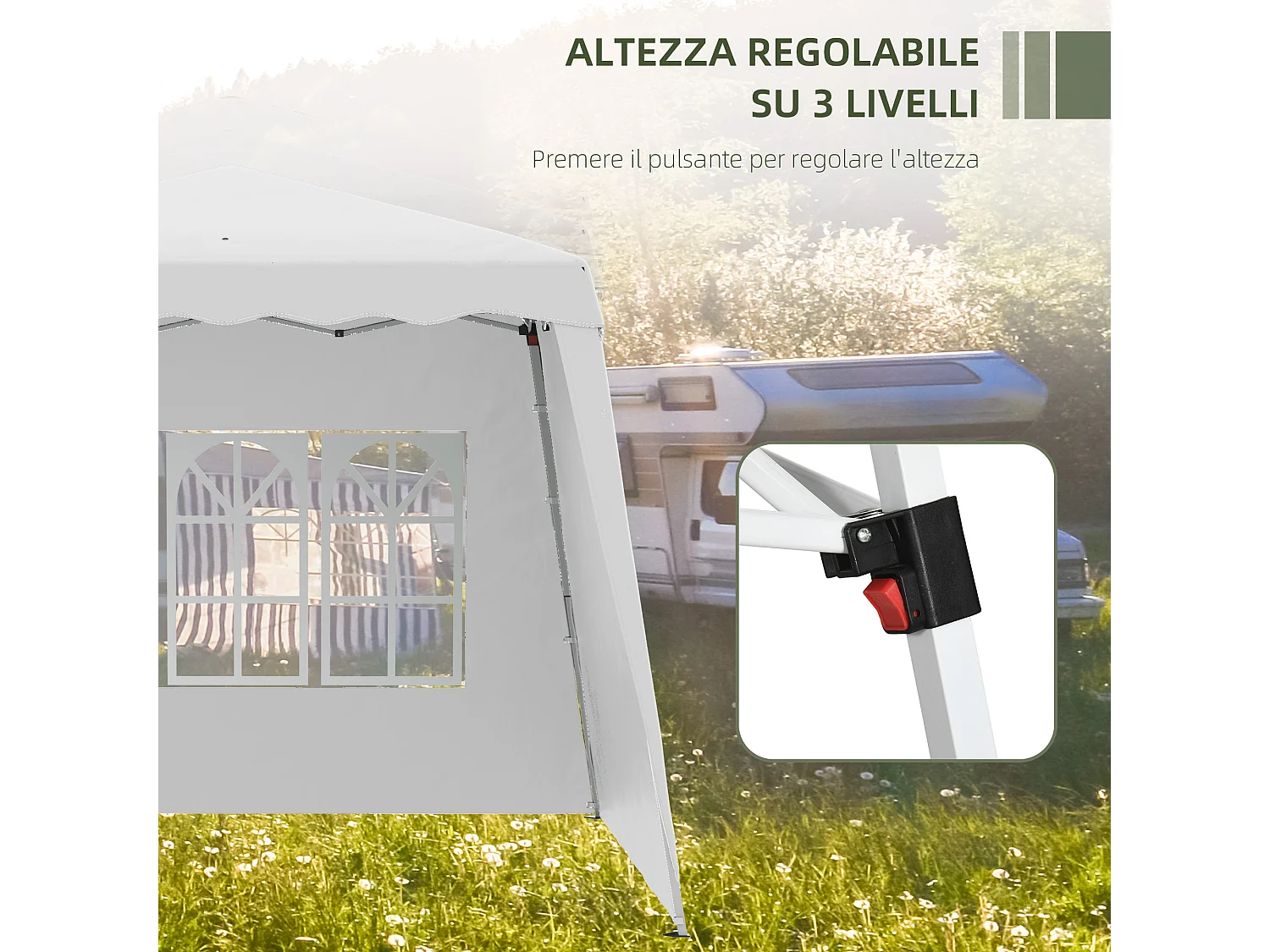 Gazebo da giardino pieghevole con 2 pareti bianco