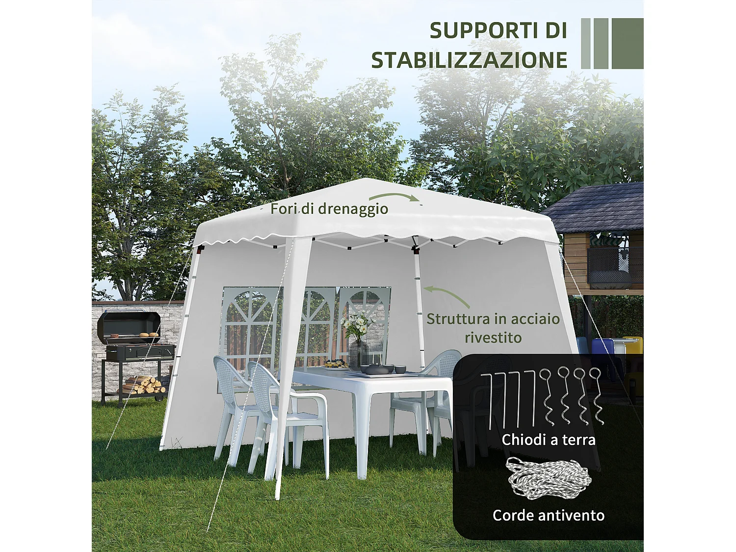 Gazebo da giardino pieghevole con 2 pareti bianco