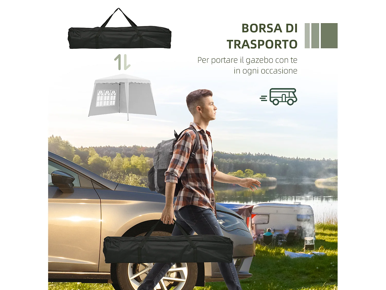 Gazebo da giardino pieghevole con 2 pareti bianco