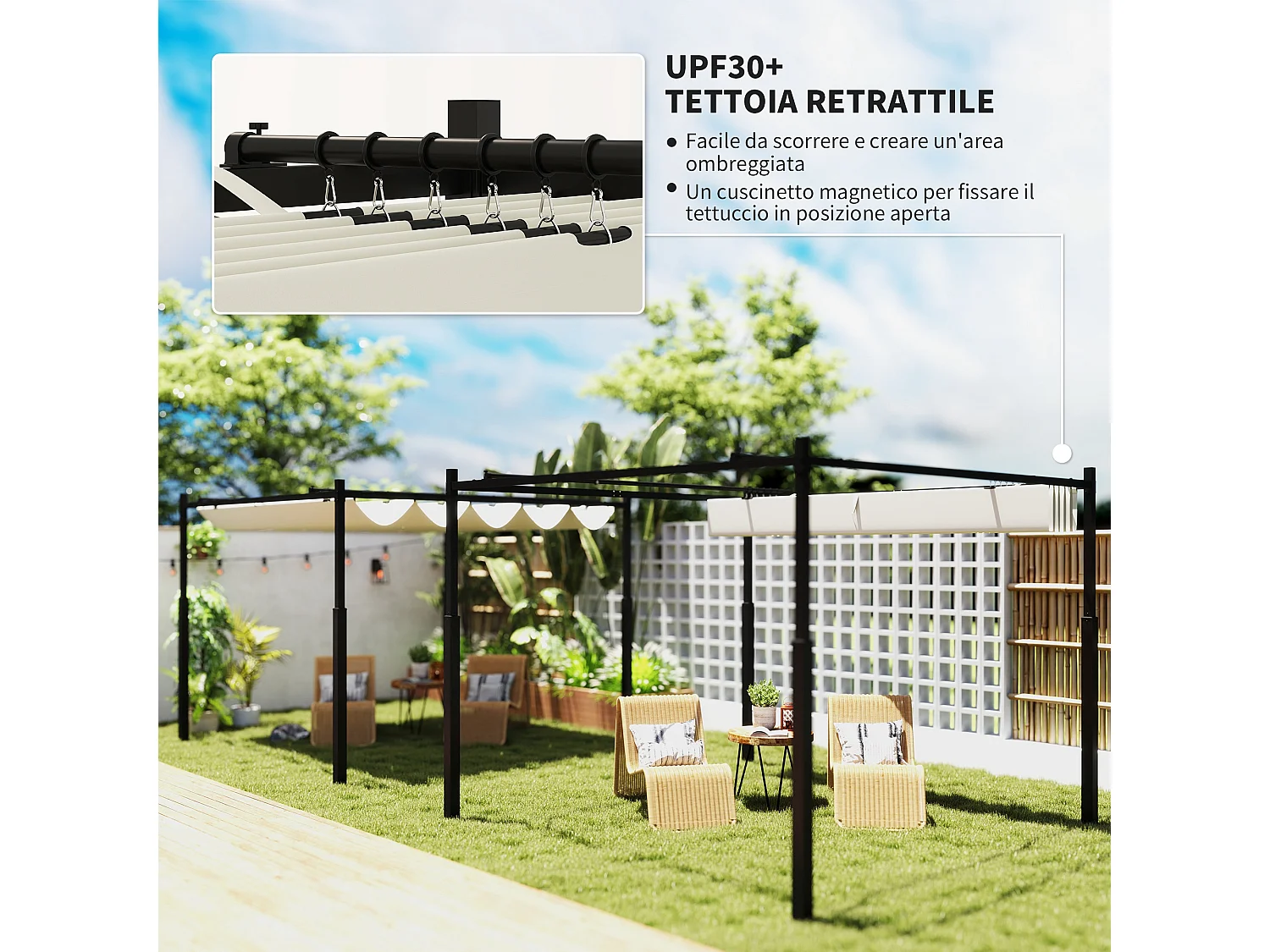 Gazebo pergola 3x3 m con tetto retrattile bianco crema