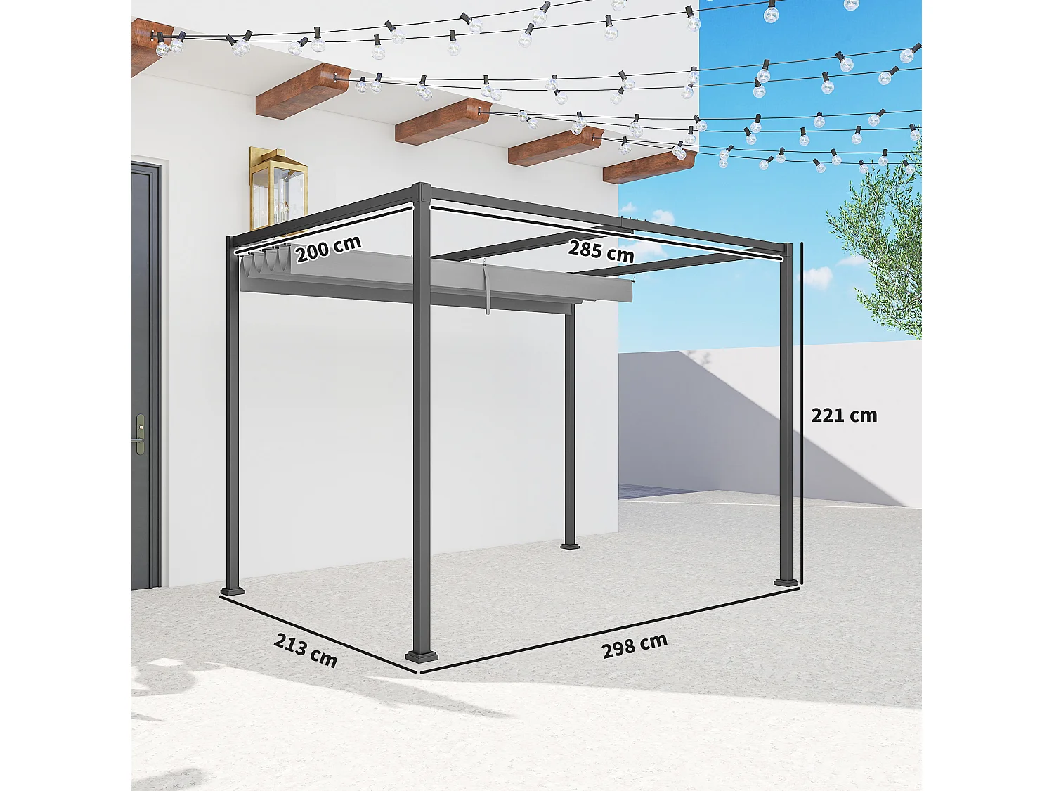 Gazebo pergola 3x2m con telo scorrevole grigio e nero