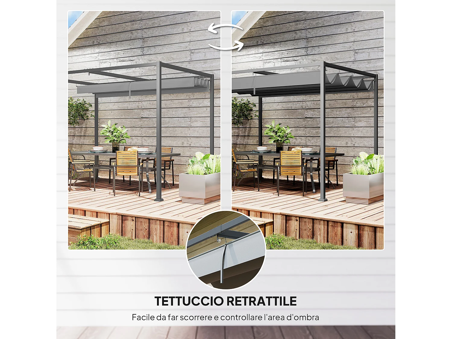 Gazebo pergola 3x2m con telo scorrevole grigio e nero