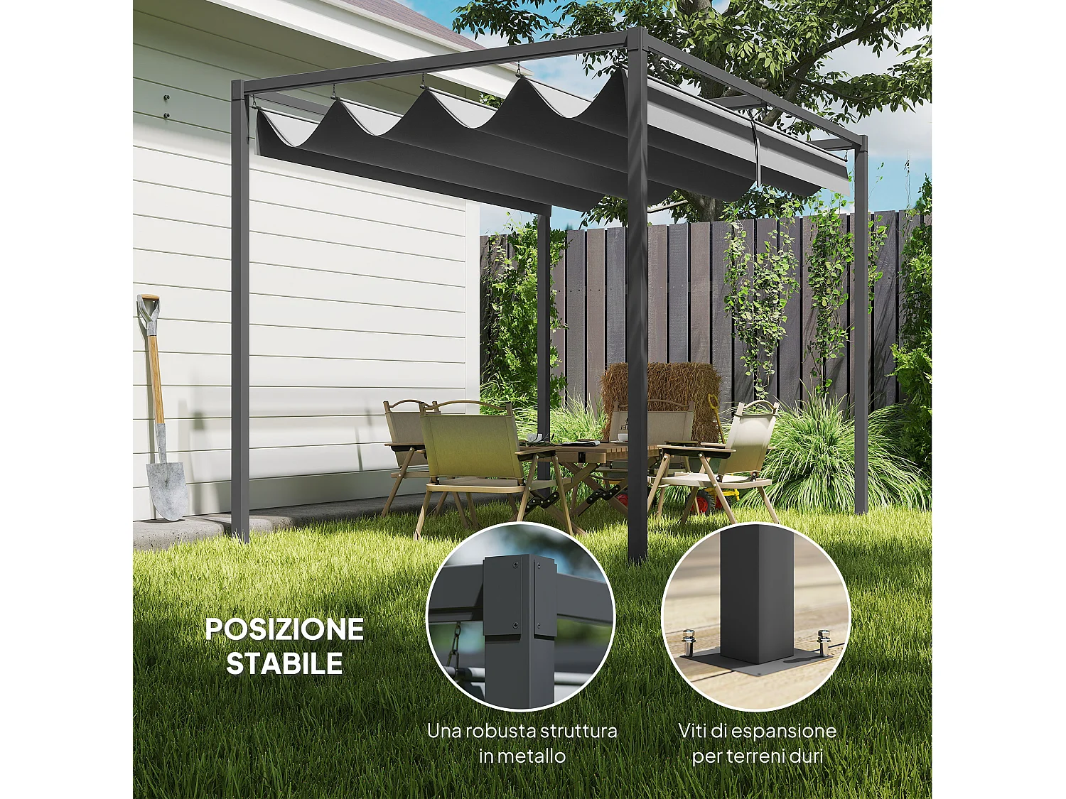 Gazebo pergola 3x2m con telo scorrevole grigio e nero