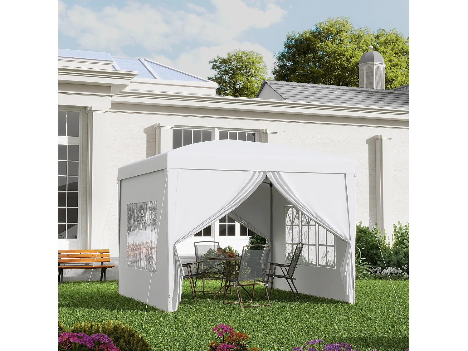 Gazebo 3x3 da giardino con pareti laterali in acciaio e tessuto bianco