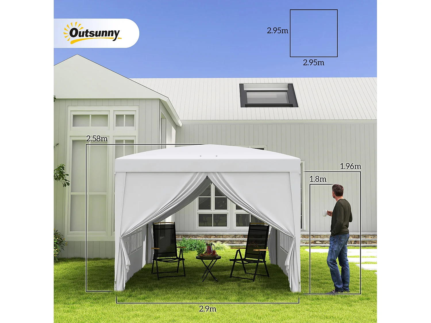 Gazebo 3x3 da giardino con pareti laterali in acciaio e tessuto bianco