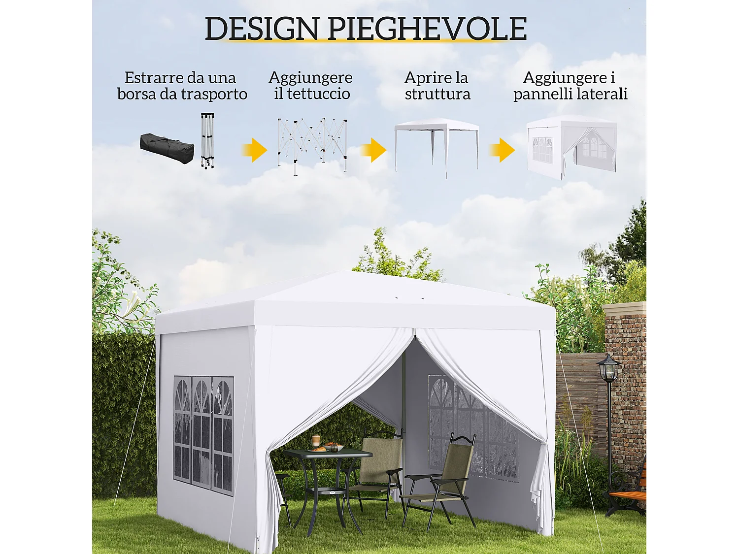 Gazebo 3x3 da giardino con pareti laterali in acciaio e tessuto bianco