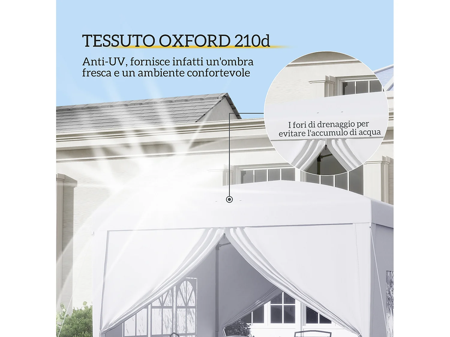 Gazebo 3x3 da giardino con pareti laterali in acciaio e tessuto bianco