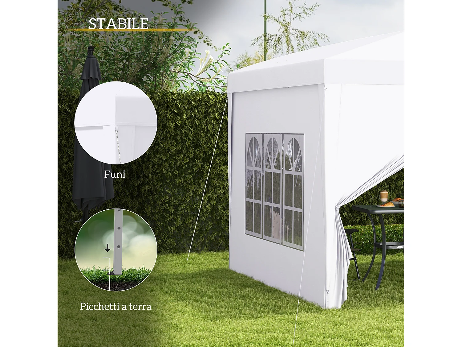 Gazebo 3x3 da giardino con pareti laterali in acciaio e tessuto bianco
