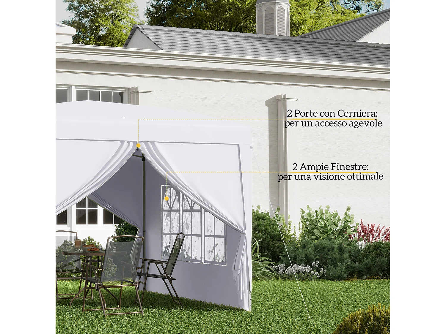 Gazebo 3x3 da giardino con pareti laterali in acciaio e tessuto bianco