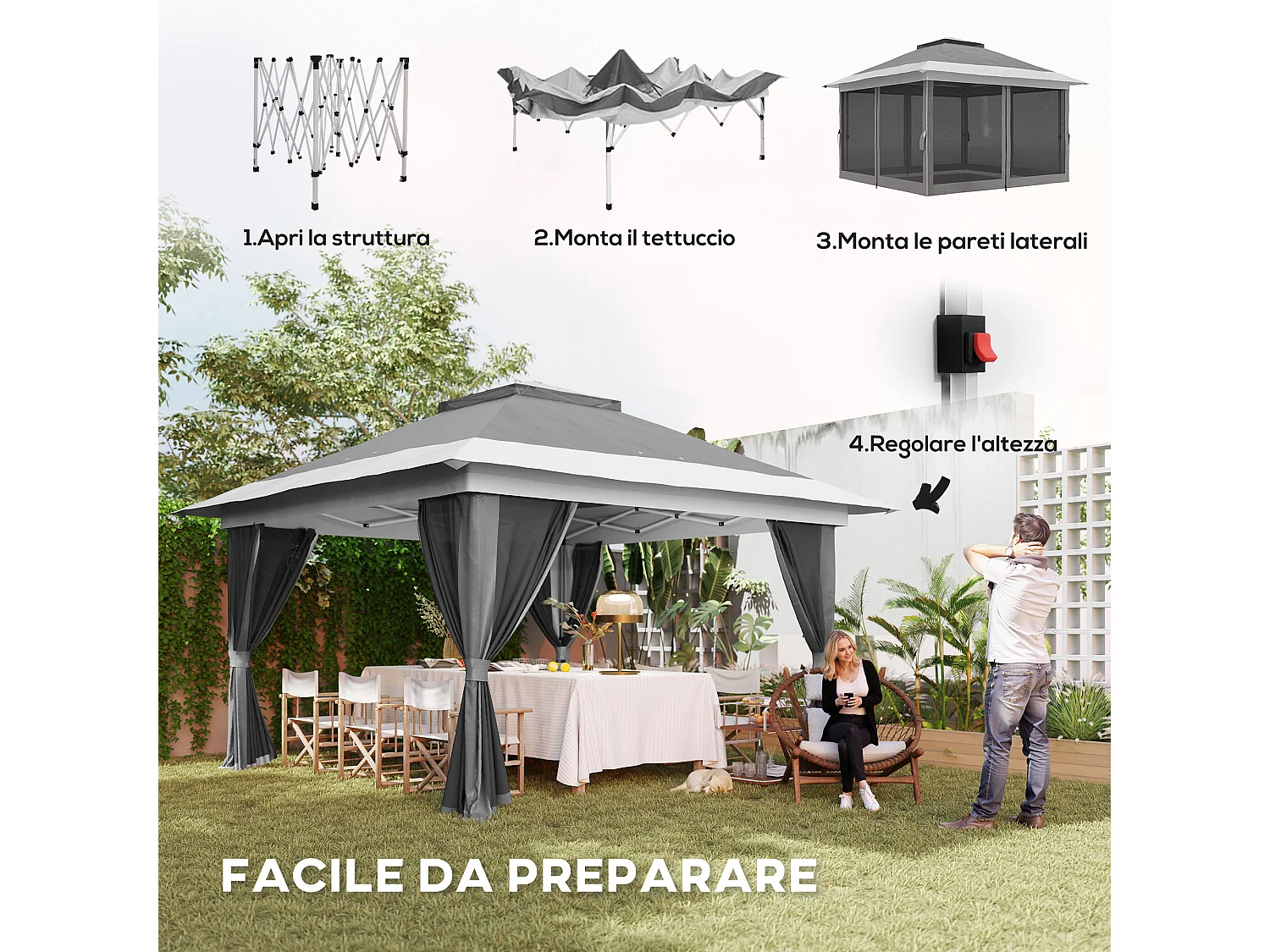 Gazebo pieghevole 3.6x3.6m con altezza regolabile e borsa grigio
