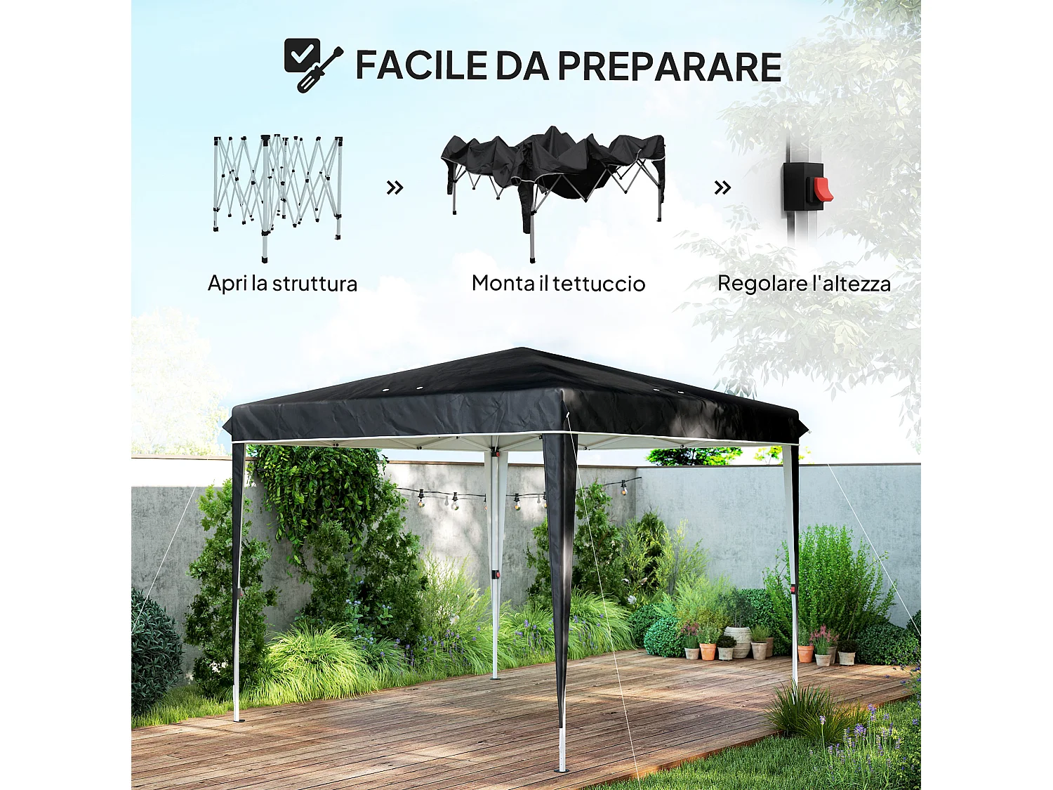 Gazebo 3x3 m ad altezza regolabile in metallo e tessuto nero