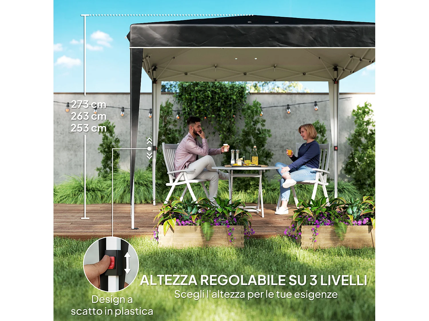 Gazebo 3x3 m ad altezza regolabile in metallo e tessuto nero