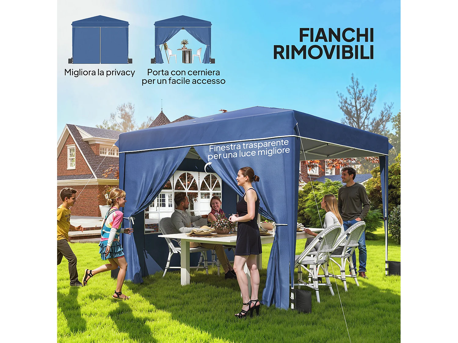 Gazebo pieghevole con pareti e protezione uv50+ blu scuro
