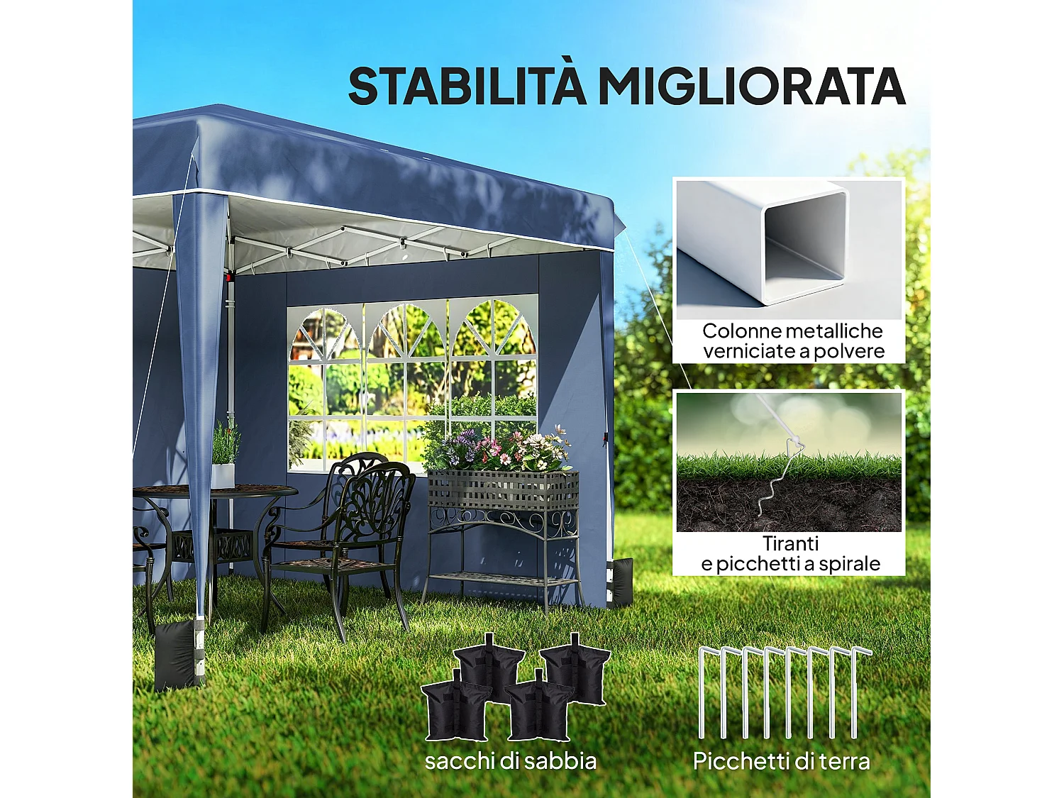 Gazebo pieghevole con pareti e protezione uv50+ blu scuro