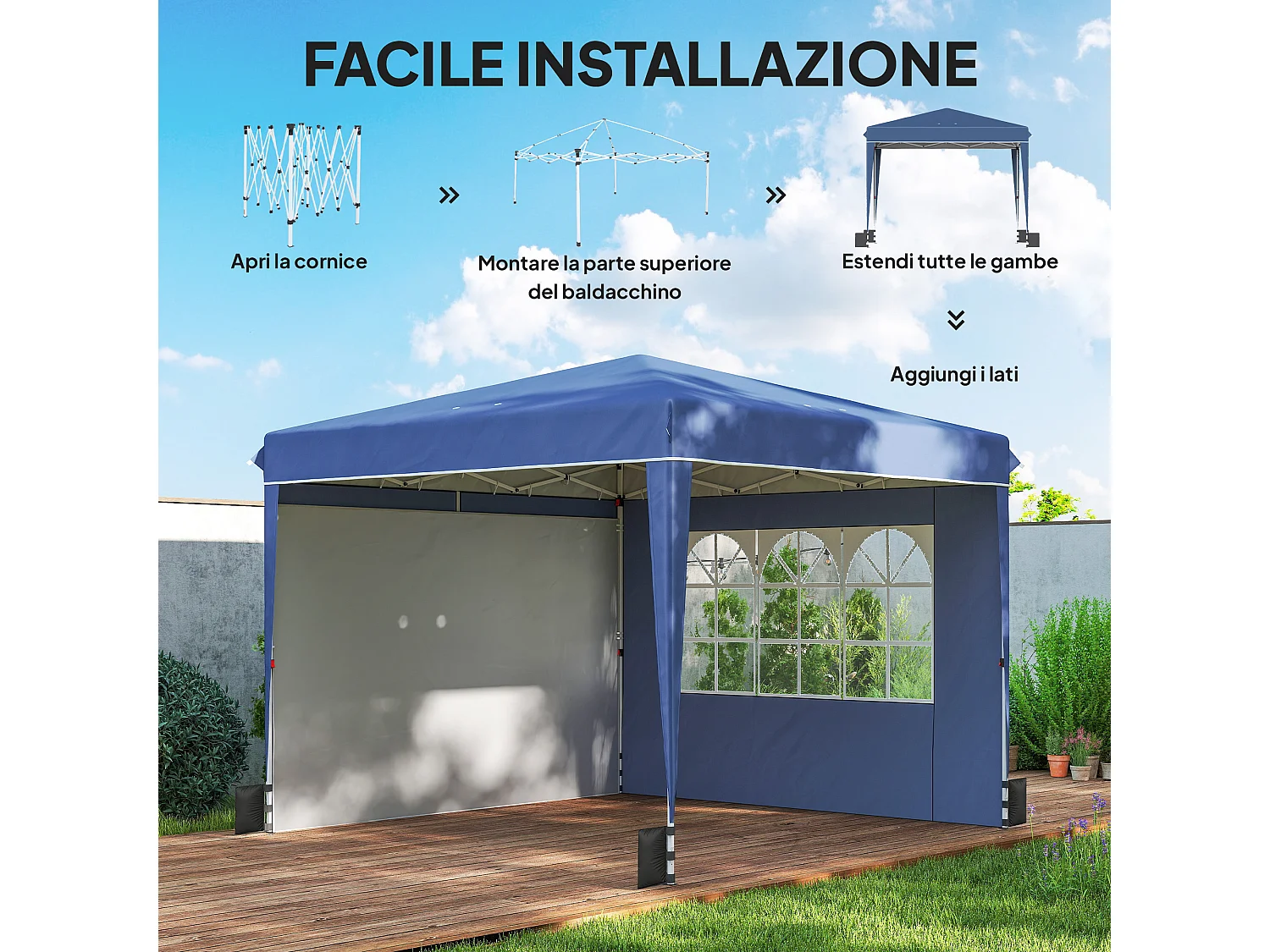 Gazebo pieghevole con pareti e protezione uv50+ blu scuro