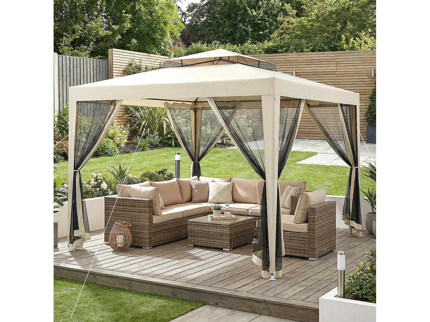 Gazebo da giardino con zanzariere e doppio tetto 3x3m beige